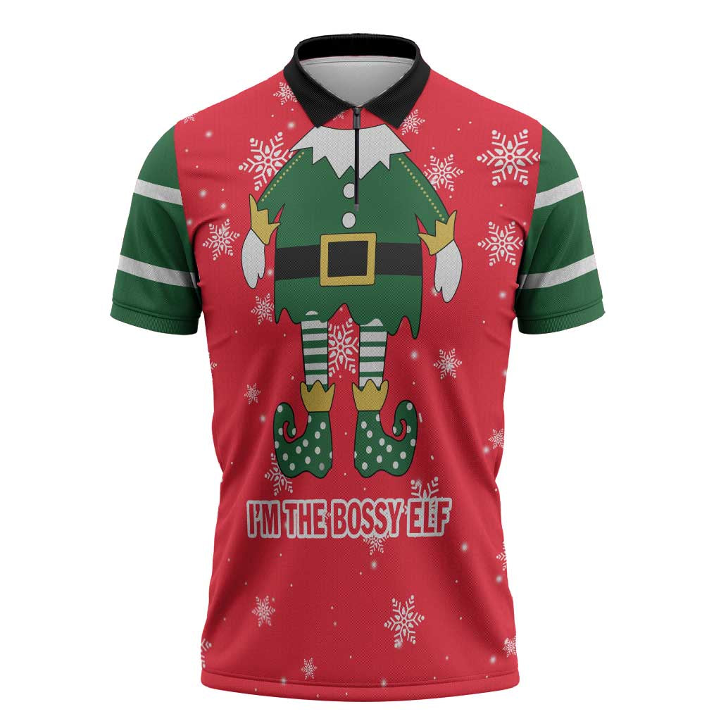 Bossy Elf Christmas Zipper Polo Shirt with Snowflakes and Striped Sleeves - Wonder Print Shop