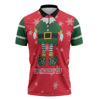 Bossy Elf Christmas Zipper Polo Shirt with Snowflakes and Striped Sleeves - Wonder Print Shop