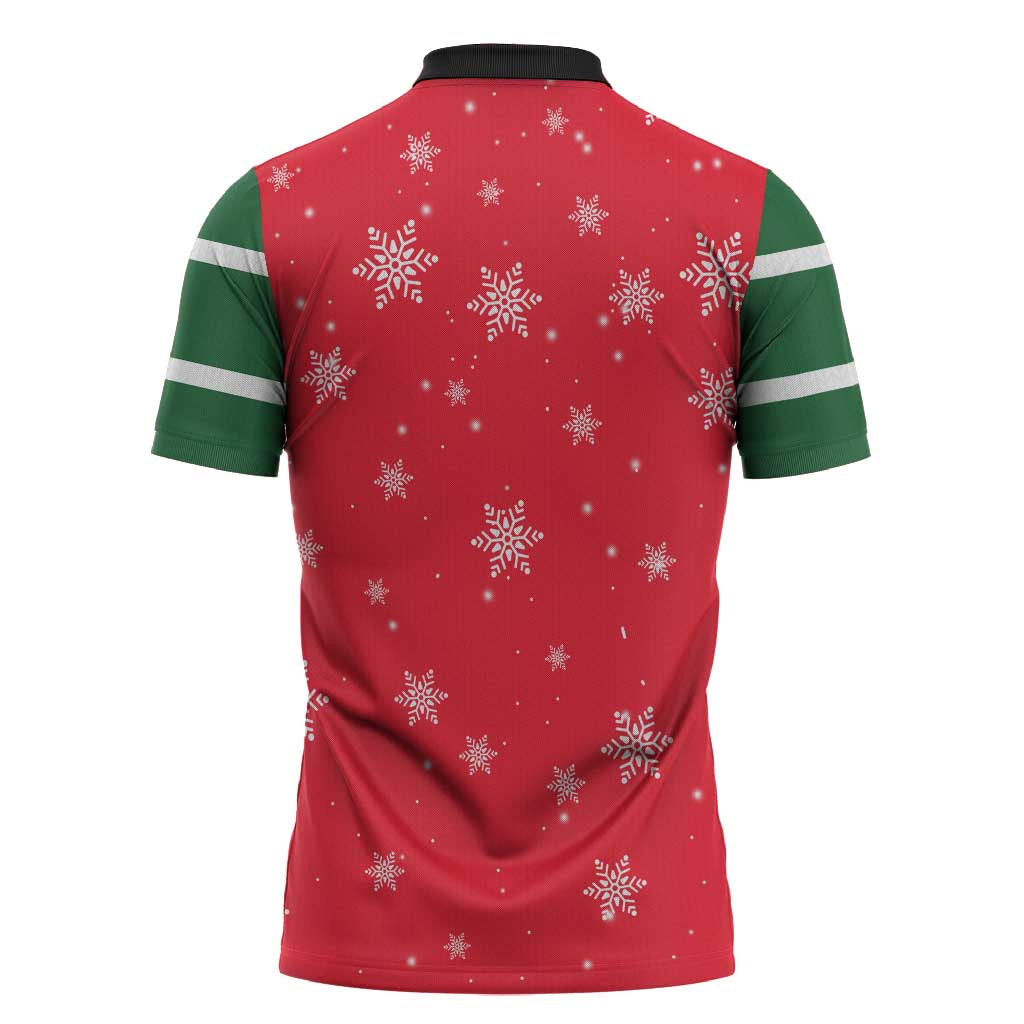 Bossy Elf Christmas Zipper Polo Shirt with Snowflakes and Striped Sleeves - Wonder Print Shop