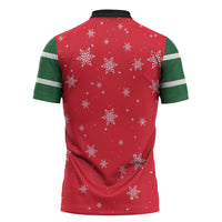 Bossy Elf Christmas Zipper Polo Shirt with Snowflakes and Striped Sleeves - Wonder Print Shop
