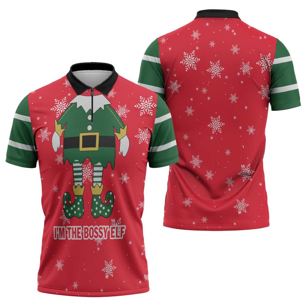 Bossy Elf Christmas Zipper Polo Shirt with Snowflakes and Striped Sleeves - Wonder Print Shop