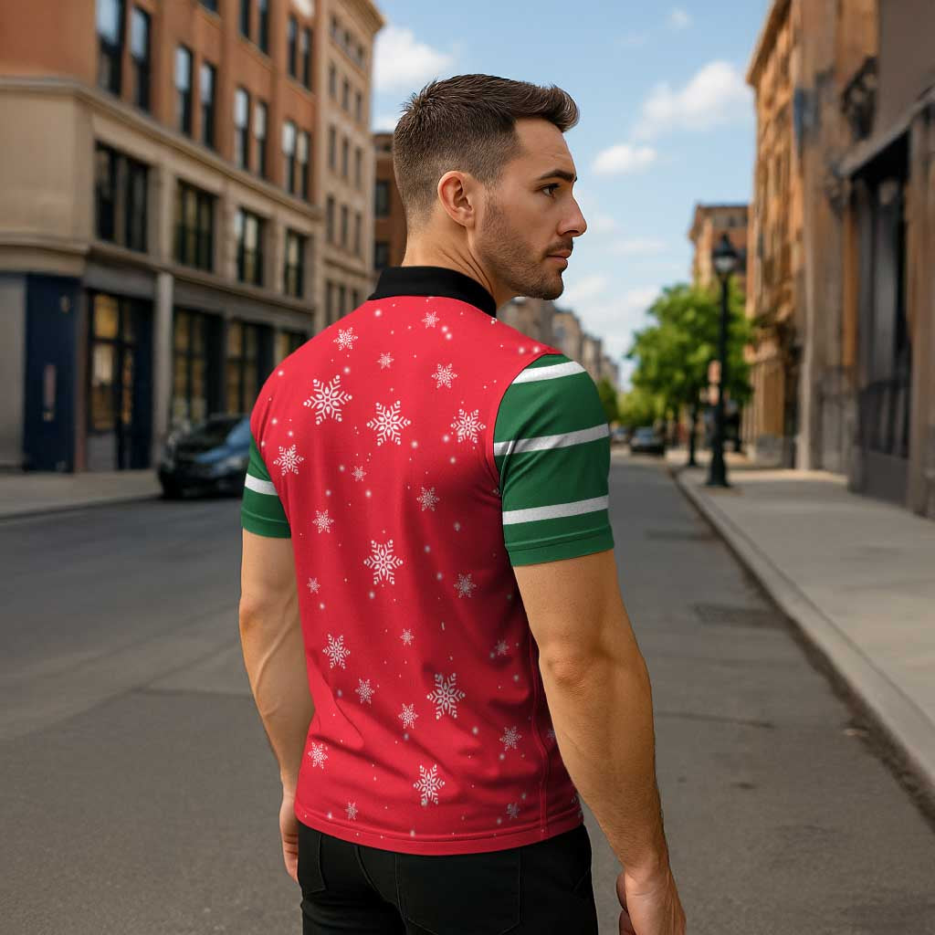 Bossy Elf Christmas Zipper Polo Shirt with Snowflakes and Striped Sleeves - Wonder Print Shop