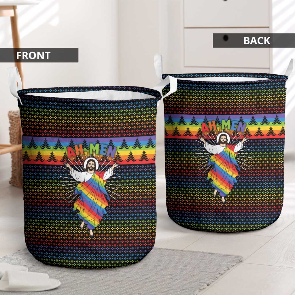 Rainbow Jesus Ah Men Christmas Laundry Basket with Colorful Stripes and Holiday Pattern - Wonder Print Shop