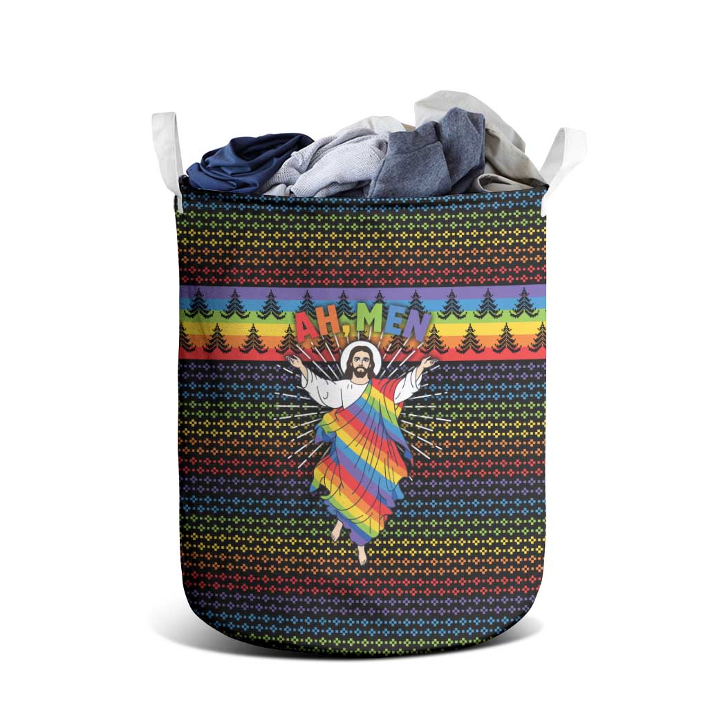 Rainbow Jesus Ah Men Christmas Laundry Basket with Colorful Stripes and Holiday Pattern - Wonder Print Shop