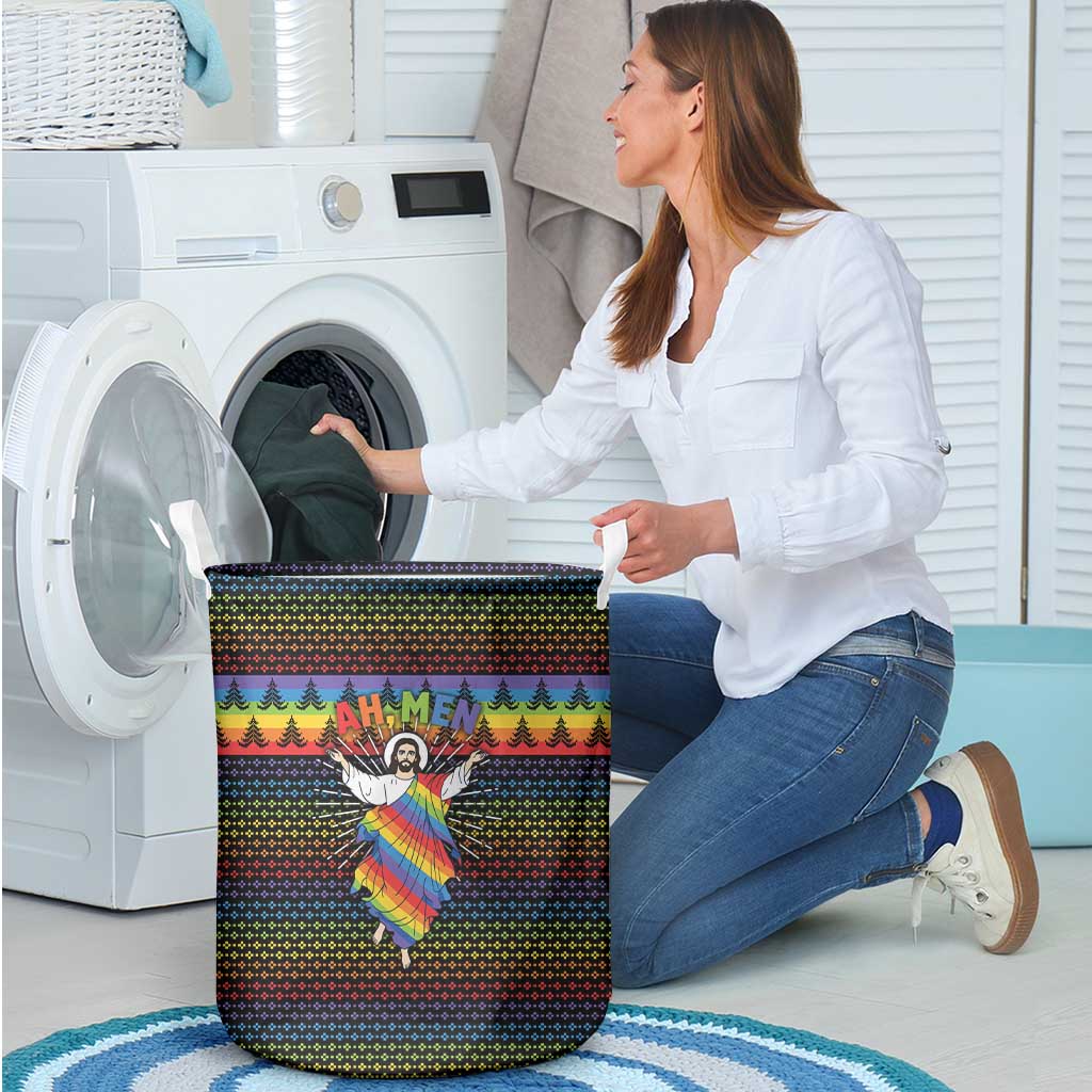 Rainbow Jesus Ah Men Christmas Laundry Basket with Colorful Stripes and Holiday Pattern - Wonder Print Shop