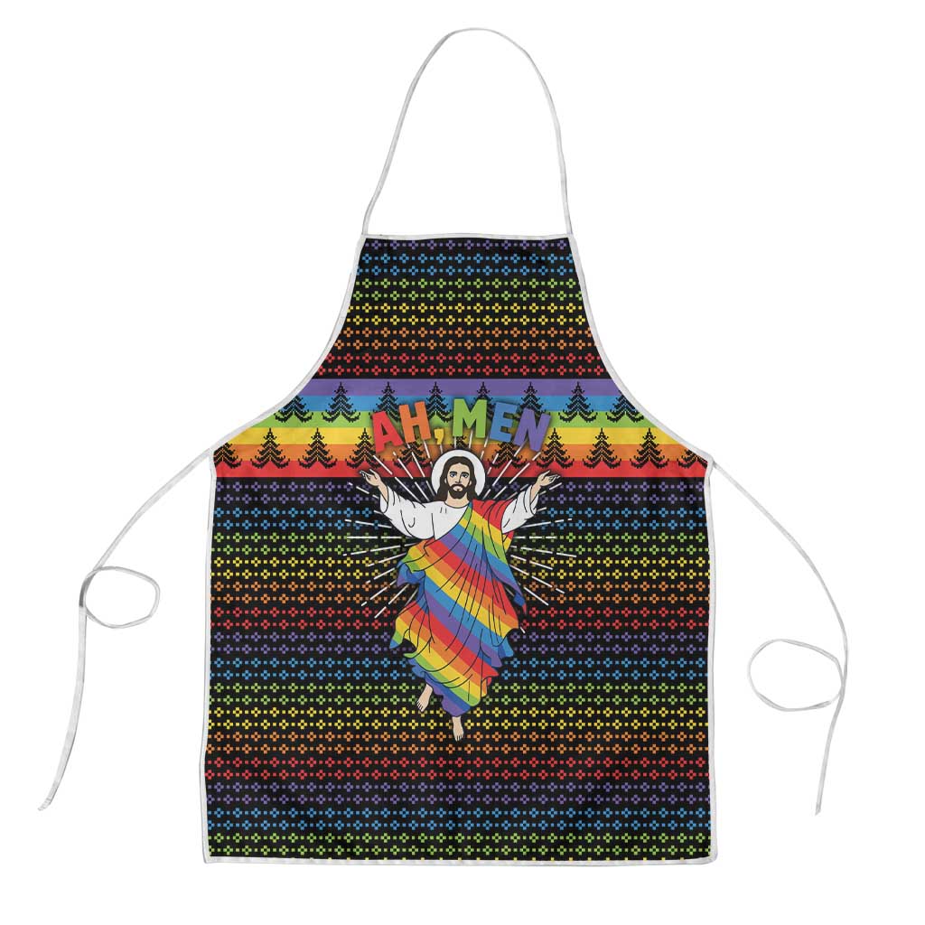 Rainbow Jesus Ah Men Christmas Apron with Colorful Stripes and Holiday Pattern - Wonder Print Shop