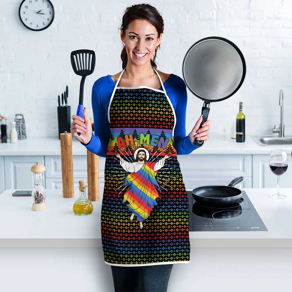 Rainbow Jesus Ah Men Christmas Apron with Colorful Stripes and Holiday Pattern - Wonder Print Shop