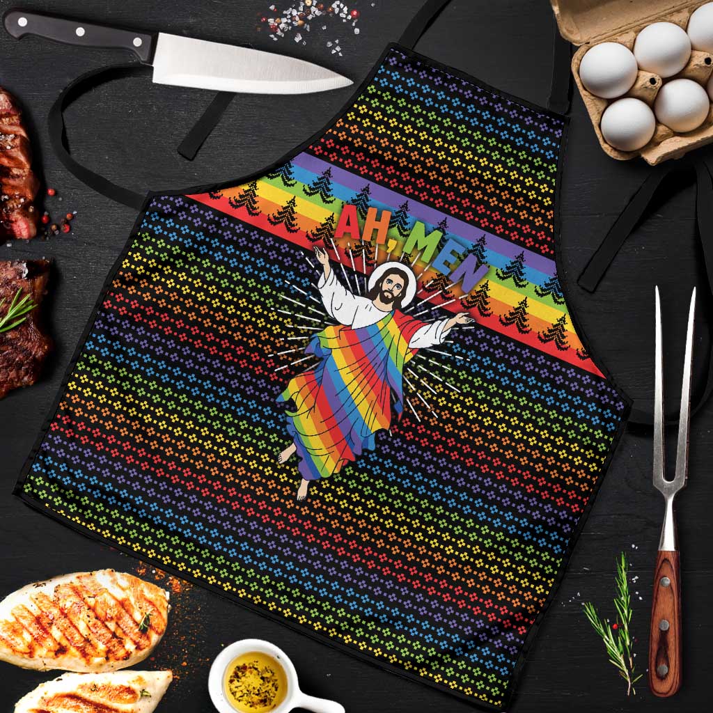 Rainbow Jesus Ah Men Christmas Apron with Colorful Stripes and Holiday Pattern - Wonder Print Shop
