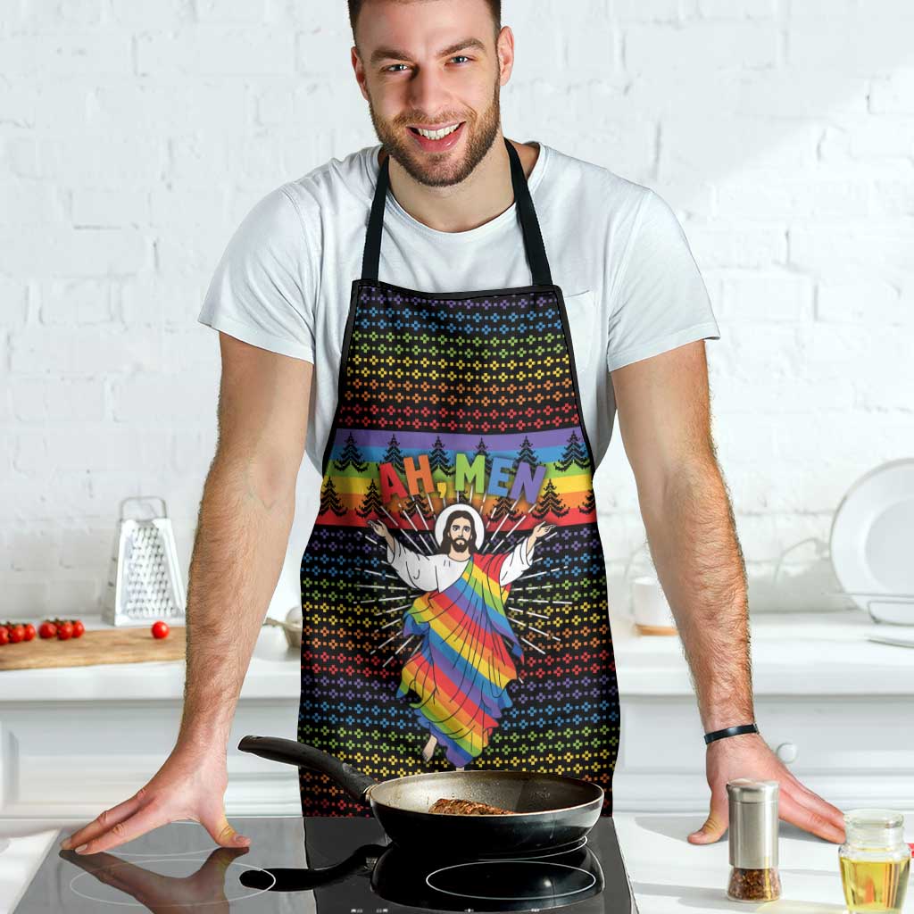 Rainbow Jesus Ah Men Christmas Apron with Colorful Stripes and Holiday Pattern - Wonder Print Shop