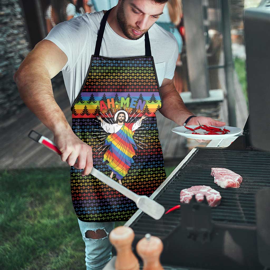 Rainbow Jesus Ah Men Christmas Apron with Colorful Stripes and Holiday Pattern - Wonder Print Shop