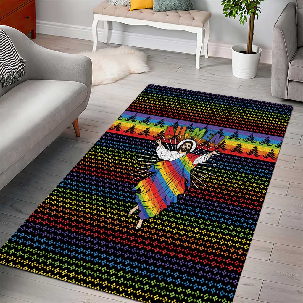 Rainbow Jesus Ah Men Christmas Area Rug with Colorful Stripes and Holiday Pattern - Wonder Print Shop
