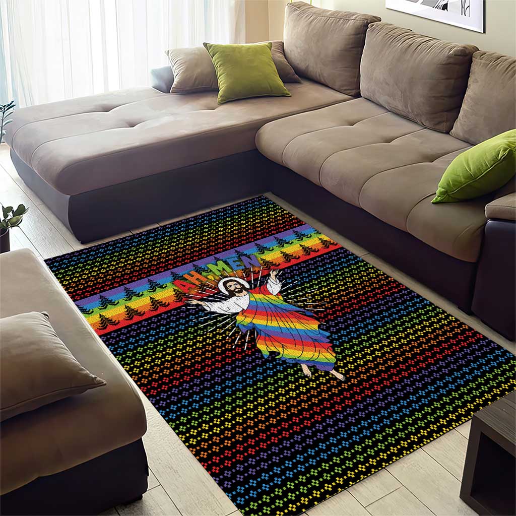 Rainbow Jesus Ah Men Christmas Area Rug with Colorful Stripes and Holiday Pattern - Wonder Print Shop