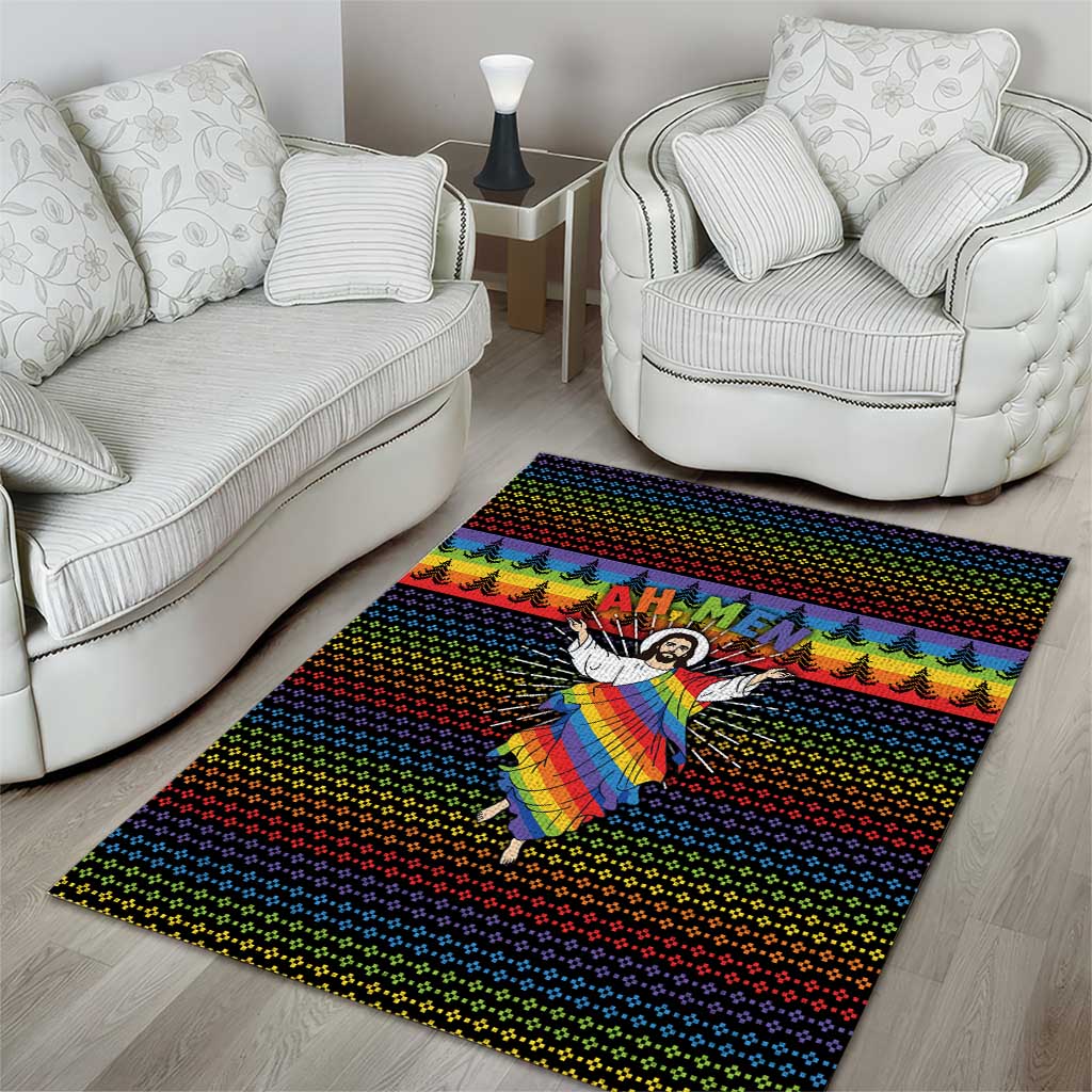Rainbow Jesus Ah Men Christmas Area Rug with Colorful Stripes and Holiday Pattern - Wonder Print Shop