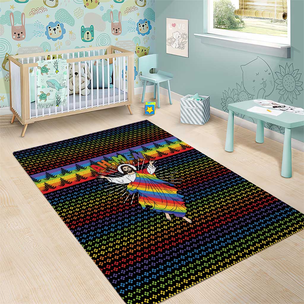 Rainbow Jesus Ah Men Christmas Area Rug with Colorful Stripes and Holiday Pattern - Wonder Print Shop