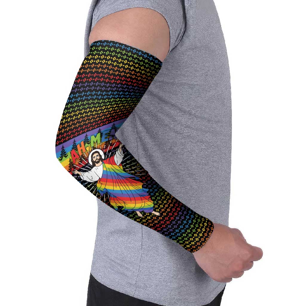 Rainbow Jesus Ah Men Christmas Arm Sleeves with Colorful Stripes and Holiday Pattern - Wonder Print Shop