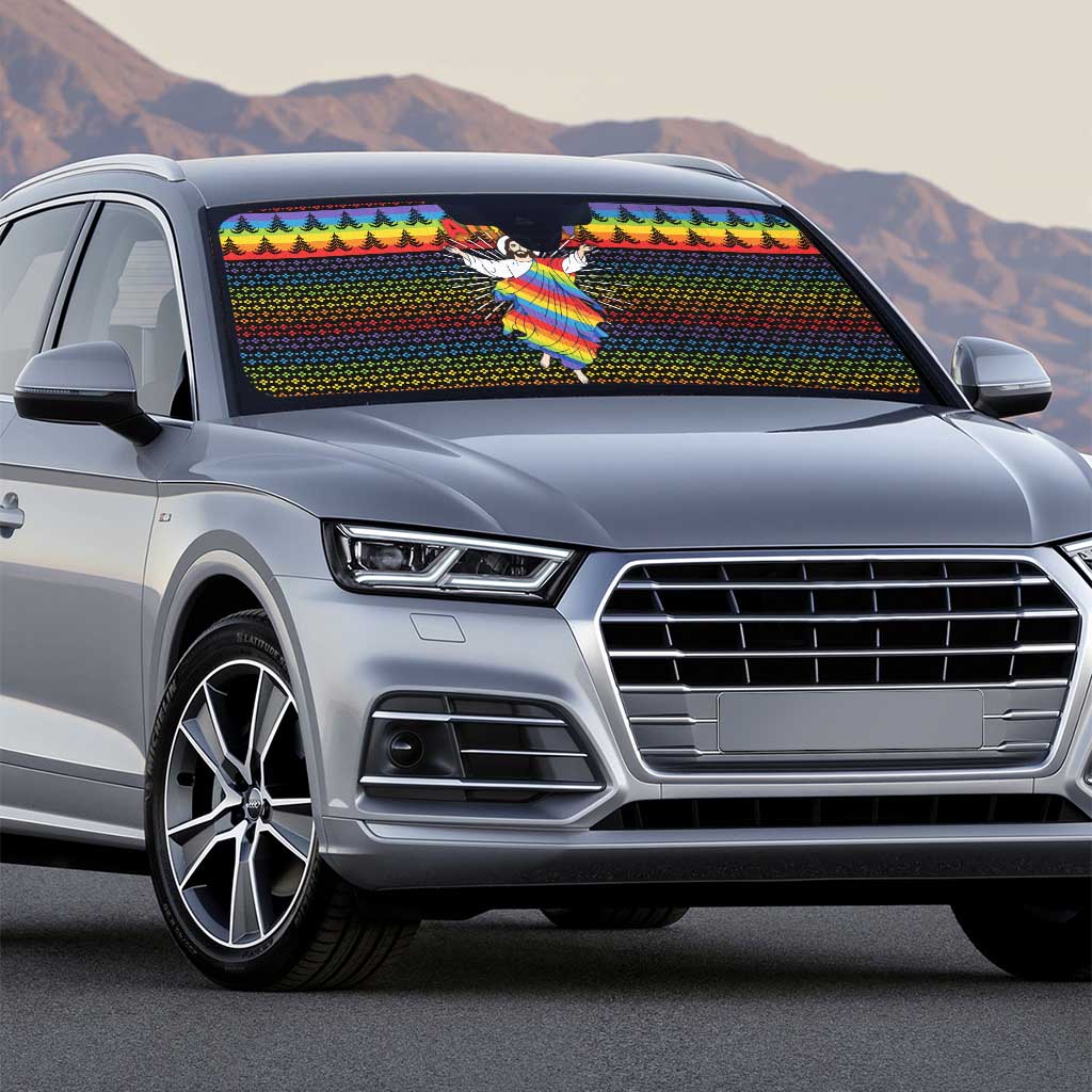 Rainbow Jesus Ah Men Christmas Auto Sun Shade with Colorful Stripes and Holiday Pattern - Wonder Print Shop
