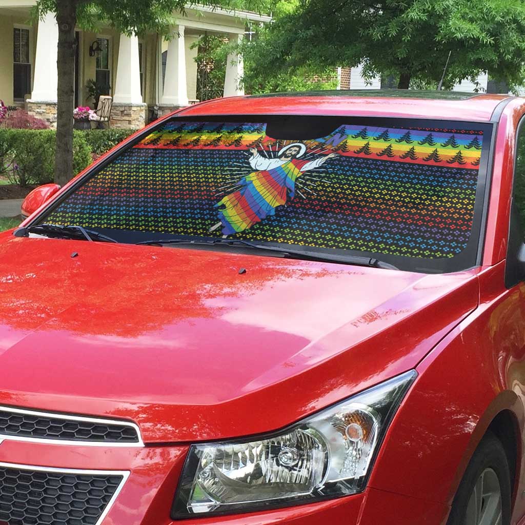 Rainbow Jesus Ah Men Christmas Auto Sun Shade with Colorful Stripes and Holiday Pattern - Wonder Print Shop