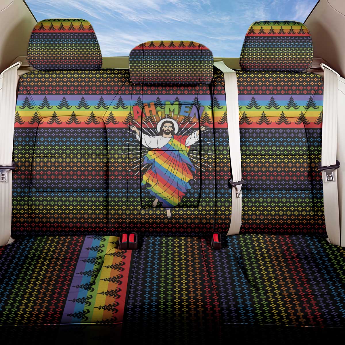 Rainbow Jesus Ah Men Christmas Back Car Seat Cover with Colorful Stripes and Holiday Pattern - Wonder Print Shop
