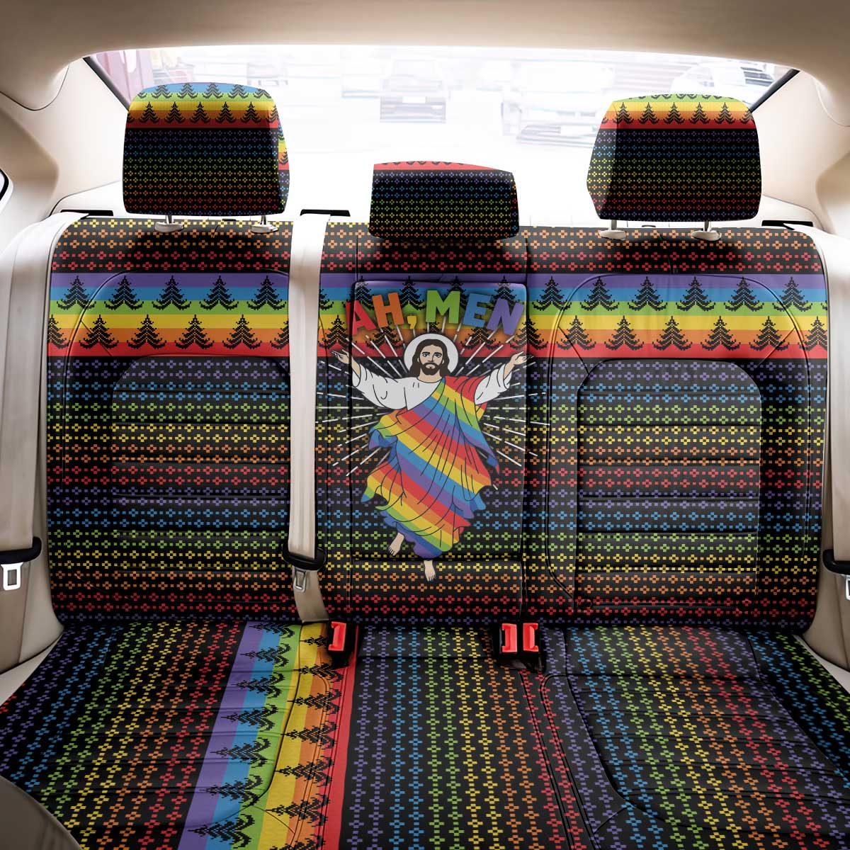 Rainbow Jesus Ah Men Christmas Back Car Seat Cover with Colorful Stripes and Holiday Pattern - Wonder Print Shop