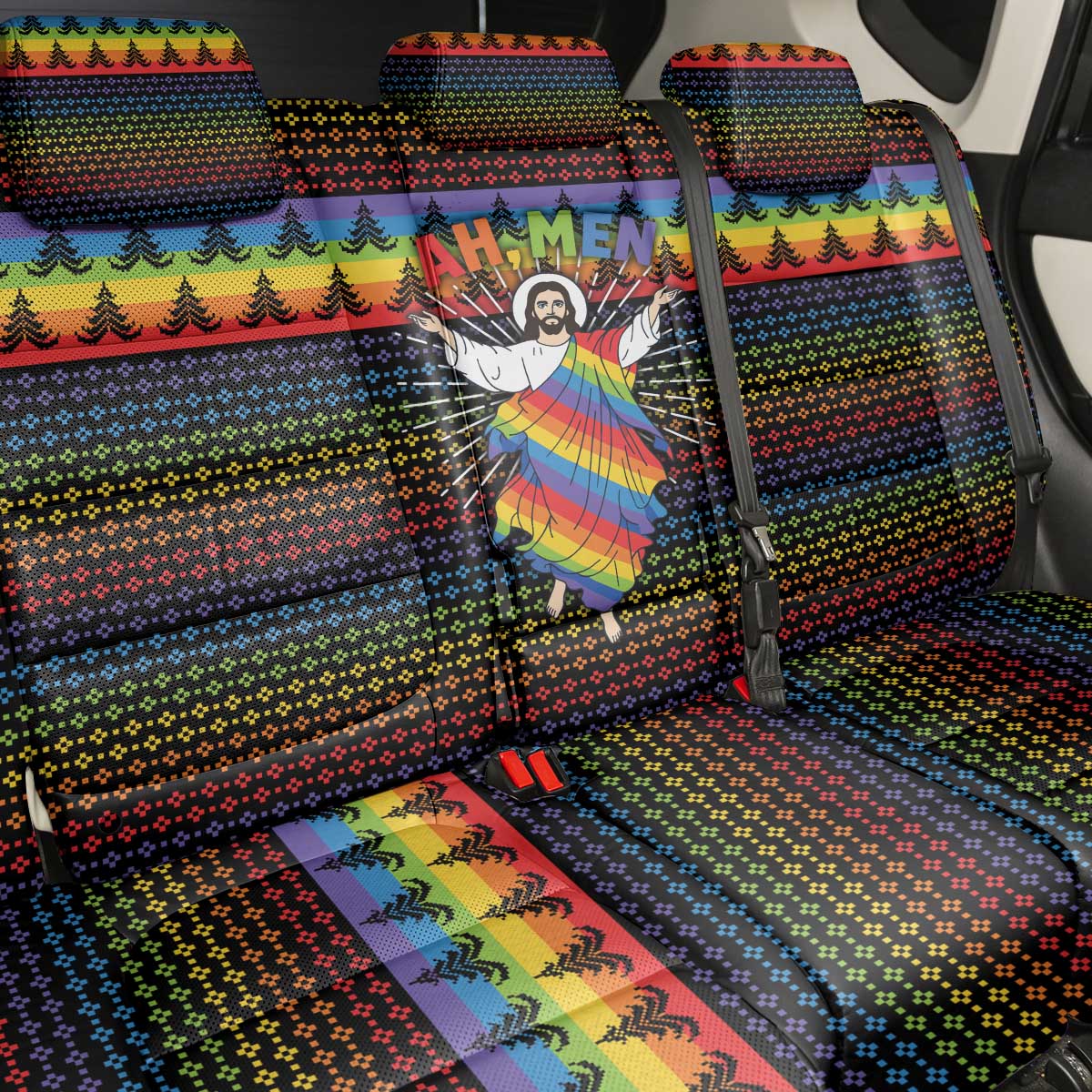 Rainbow Jesus Ah Men Christmas Back Car Seat Cover with Colorful Stripes and Holiday Pattern - Wonder Print Shop