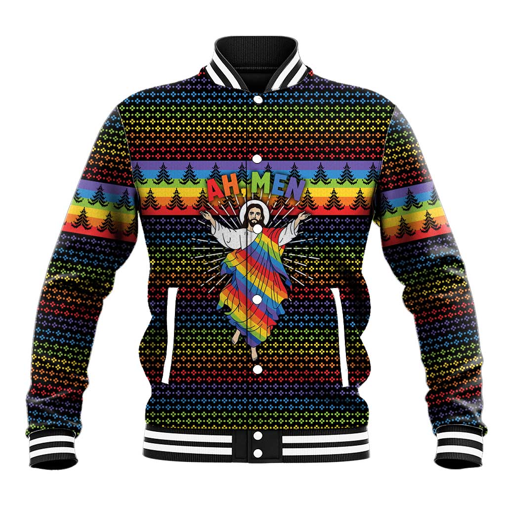 Rainbow Jesus Ah Men Christmas Baseball Jacket with Colorful Stripes and Holiday Pattern - Wonder Print Shop