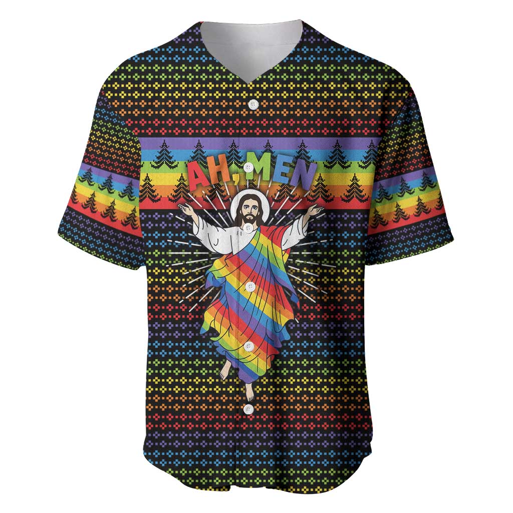Rainbow Jesus Ah Men Christmas Baseball Jersey with Colorful Stripes and Holiday Pattern - Wonder Print Shop