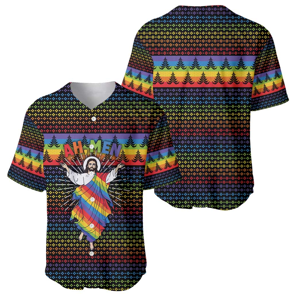 Rainbow Jesus Ah Men Christmas Baseball Jersey with Colorful Stripes and Holiday Pattern - Wonder Print Shop
