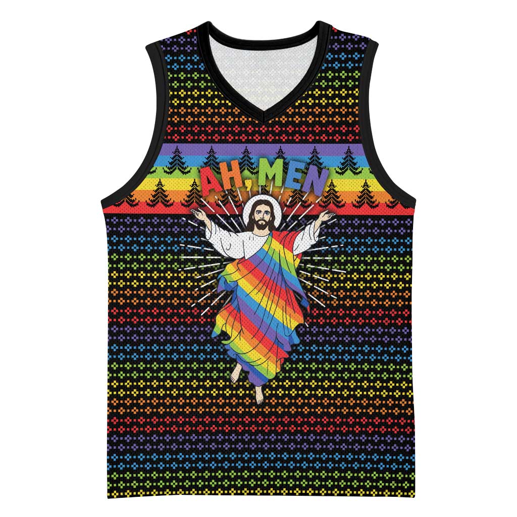 Rainbow Jesus Ah Men Christmas Basketball Jersey with Colorful Stripes and Holiday Pattern - Wonder Print Shop