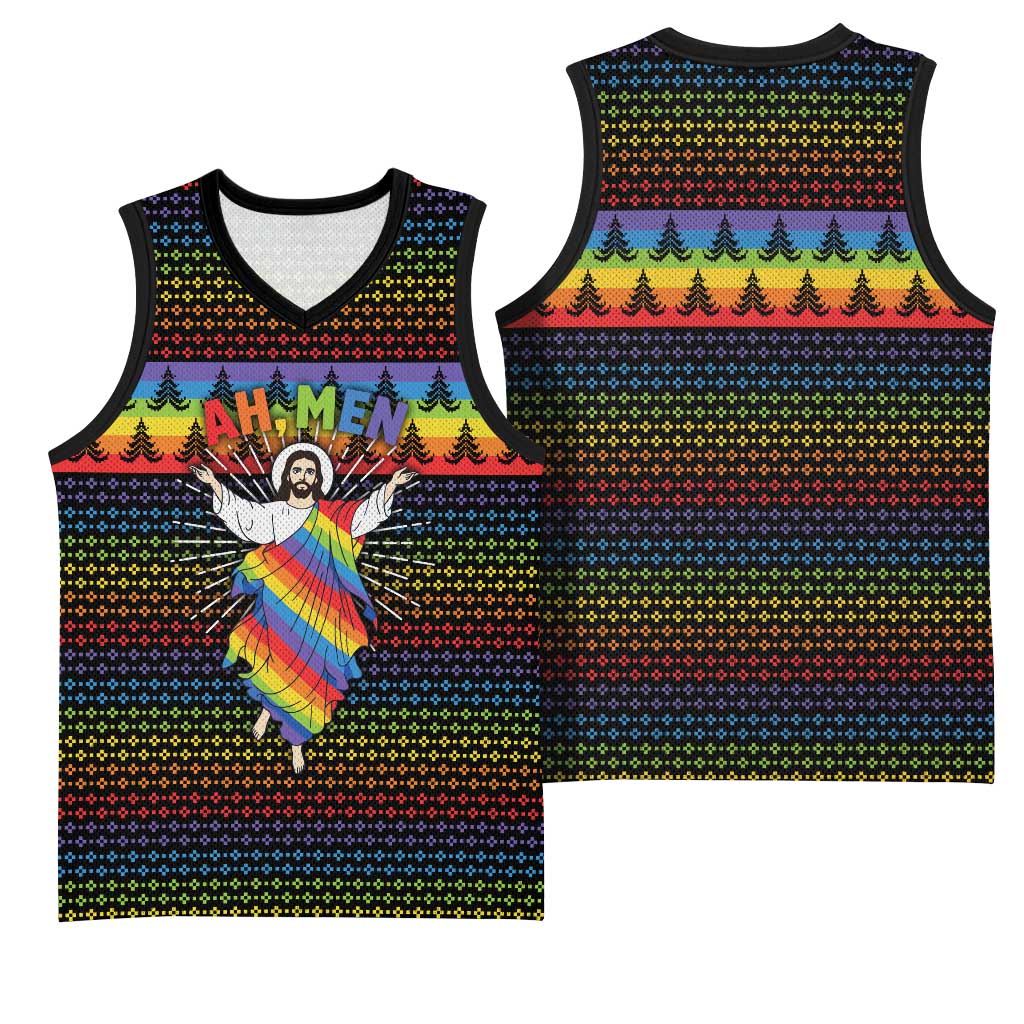 Rainbow Jesus Ah Men Christmas Basketball Jersey with Colorful Stripes and Holiday Pattern - Wonder Print Shop