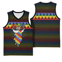 Rainbow Jesus Ah Men Christmas Basketball Jersey with Colorful Stripes and Holiday Pattern - Wonder Print Shop