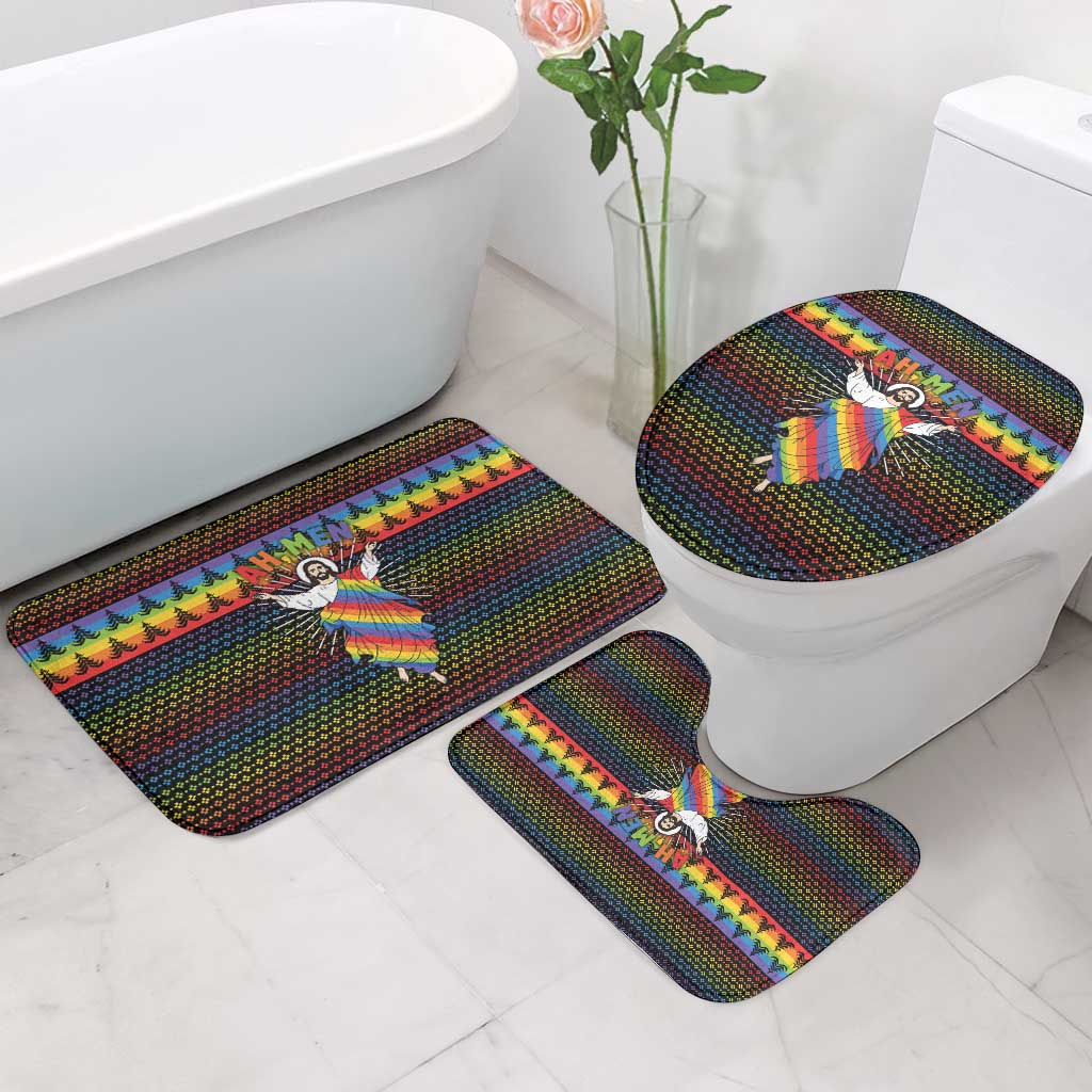 Rainbow Jesus Ah Men Christmas Bathroom Set with Colorful Stripes and Holiday Pattern - Wonder Print Shop