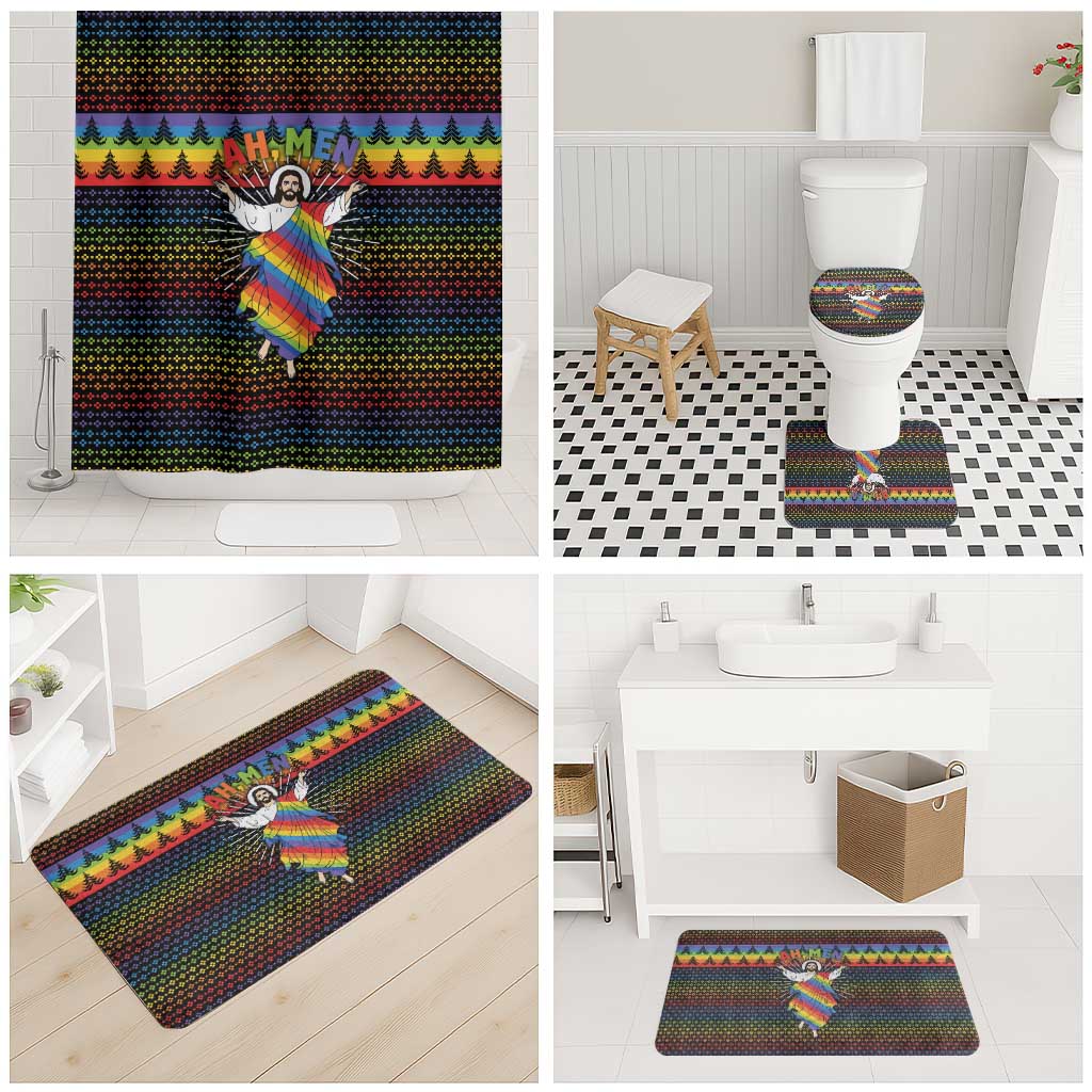 Rainbow Jesus Ah Men Christmas Bathroom Set with Colorful Stripes and Holiday Pattern - Wonder Print Shop