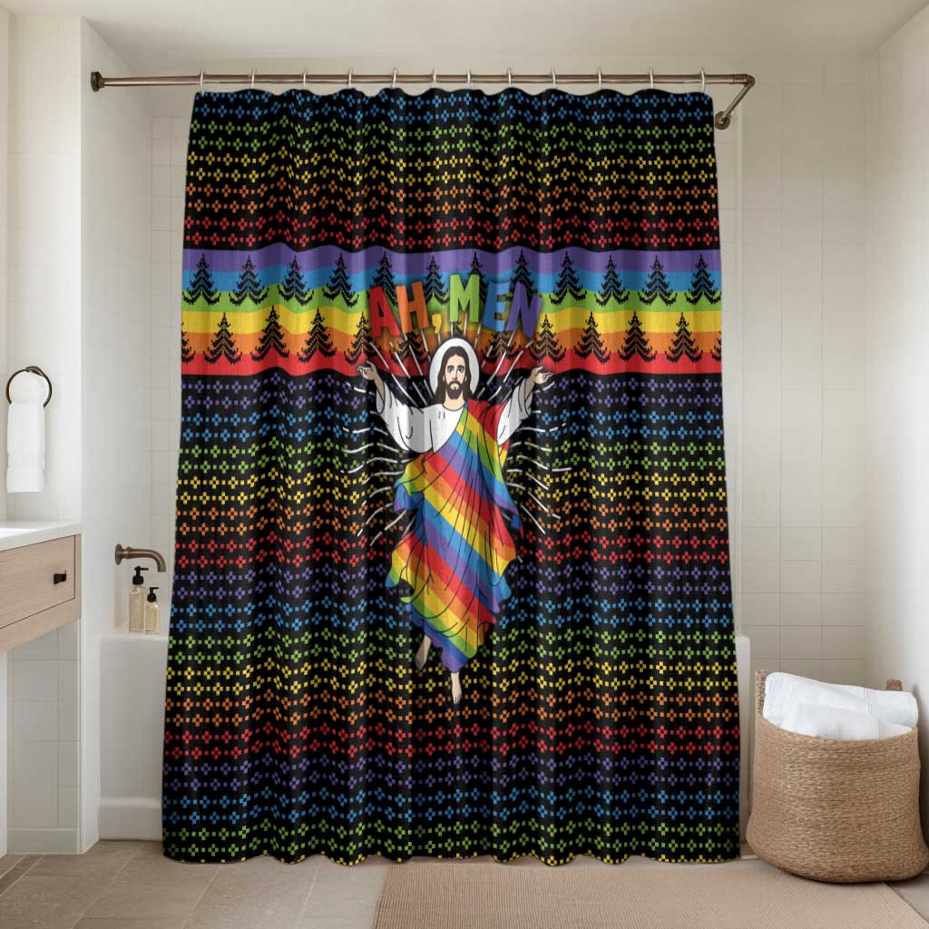 Rainbow Jesus Ah Men Christmas Bathroom Set with Colorful Stripes and Holiday Pattern - Wonder Print Shop