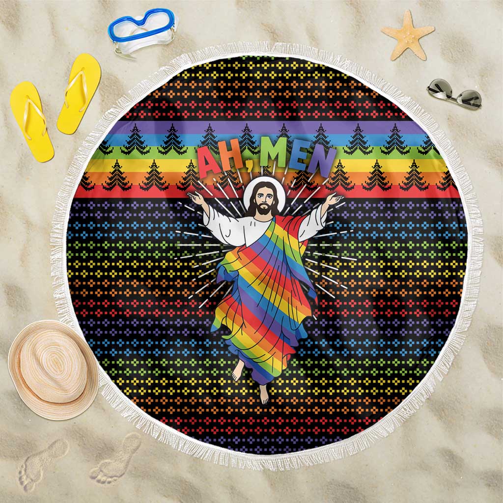 Rainbow Jesus Ah Men Christmas Beach Blanket with Colorful Stripes and Holiday Pattern - Wonder Print Shop