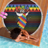 Rainbow Jesus Ah Men Christmas Beach Blanket with Colorful Stripes and Holiday Pattern - Wonder Print Shop