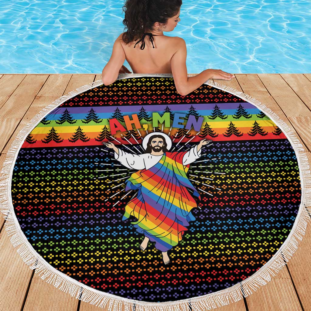 Rainbow Jesus Ah Men Christmas Beach Blanket with Colorful Stripes and Holiday Pattern - Wonder Print Shop
