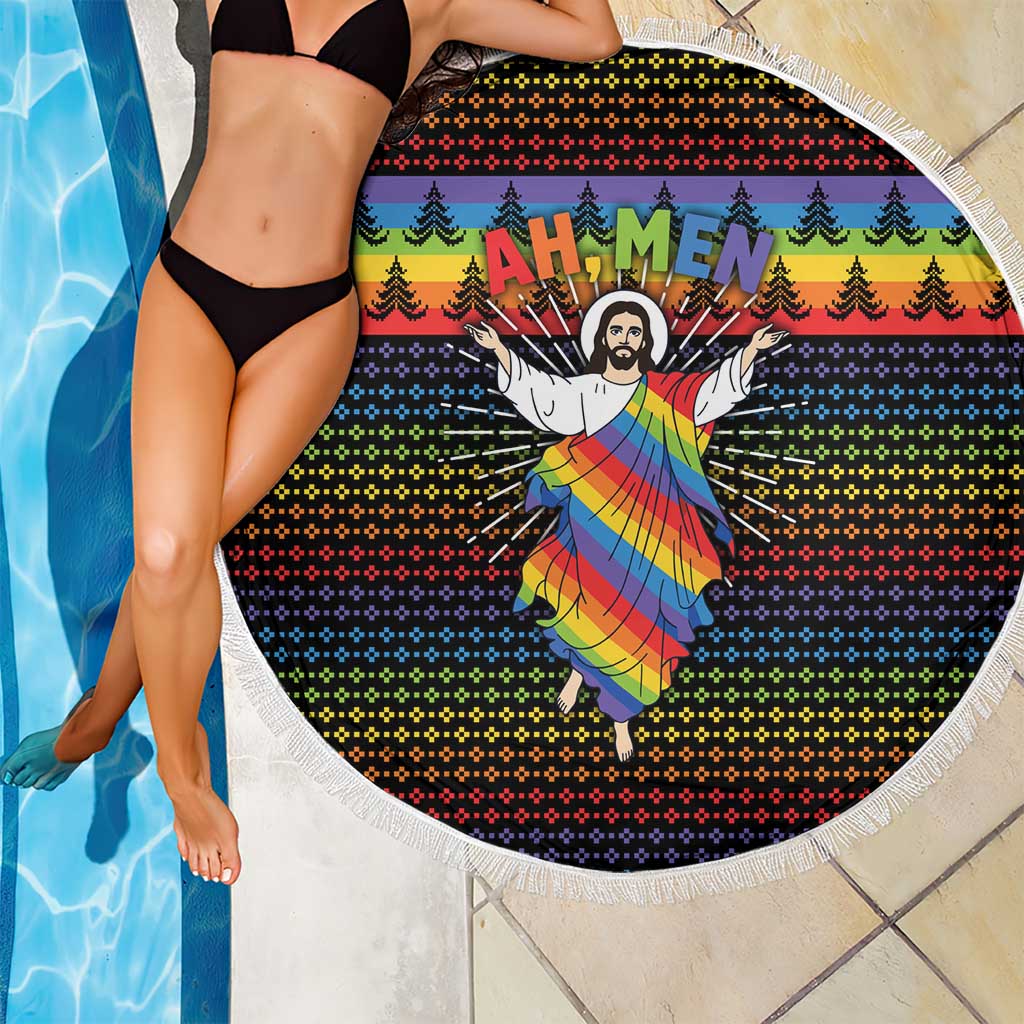 Rainbow Jesus Ah Men Christmas Beach Blanket with Colorful Stripes and Holiday Pattern - Wonder Print Shop