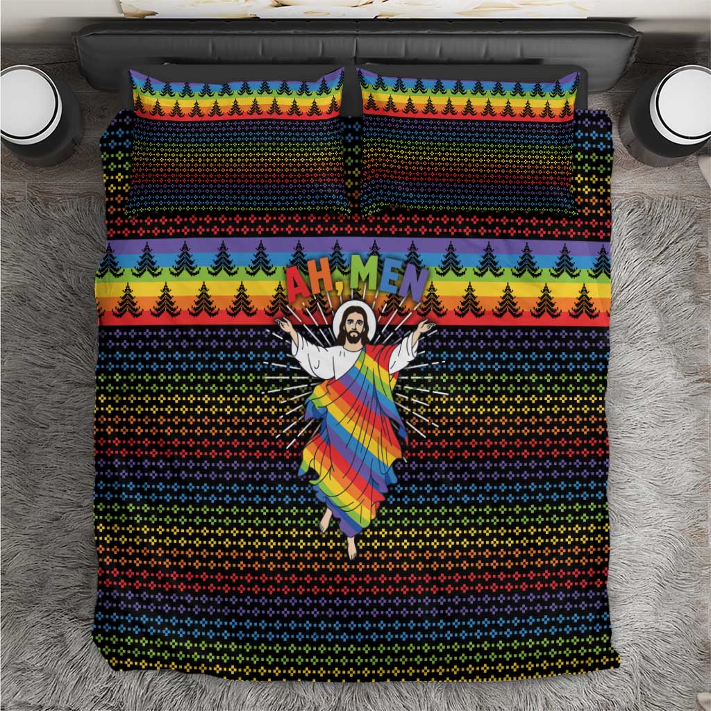 Rainbow Jesus Ah Men Christmas Bedding Set with Colorful Stripes and Holiday Pattern - Wonder Print Shop