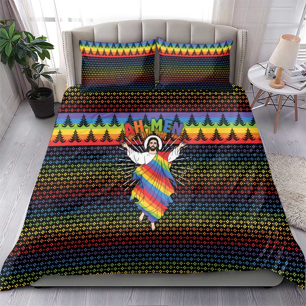 Rainbow Jesus Ah Men Christmas Bedding Set with Colorful Stripes and Holiday Pattern - Wonder Print Shop