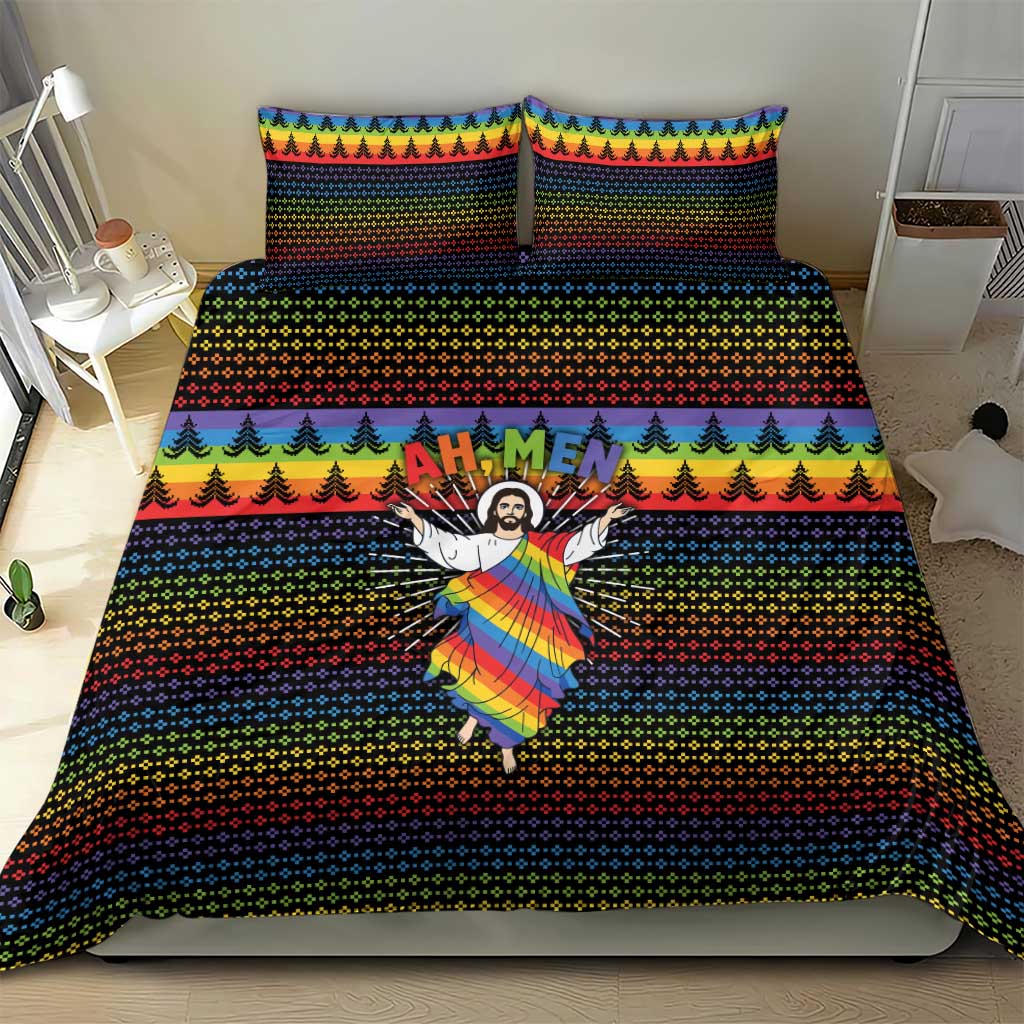 Rainbow Jesus Ah Men Christmas Bedding Set with Colorful Stripes and Holiday Pattern - Wonder Print Shop
