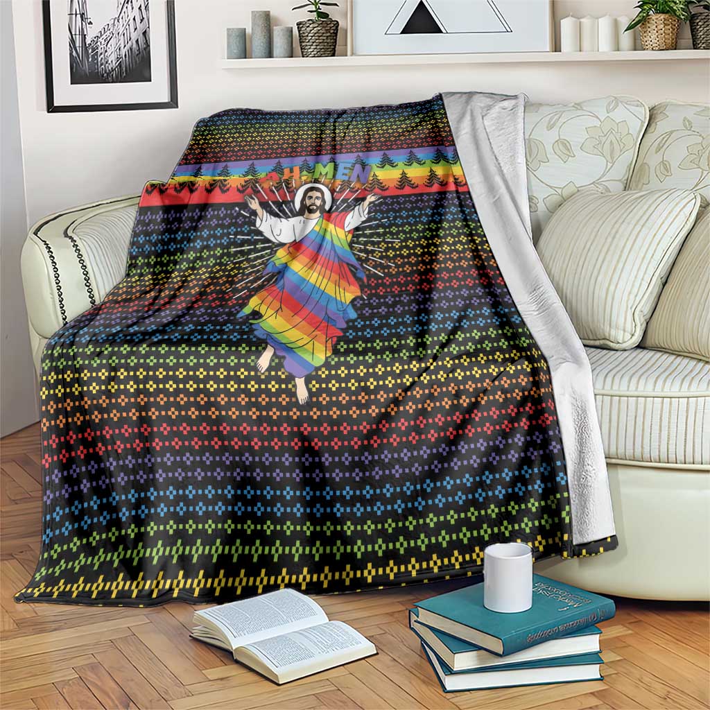 Rainbow Jesus Ah Men Christmas Blanket with Colorful Stripes and Holiday Pattern - Wonder Print Shop