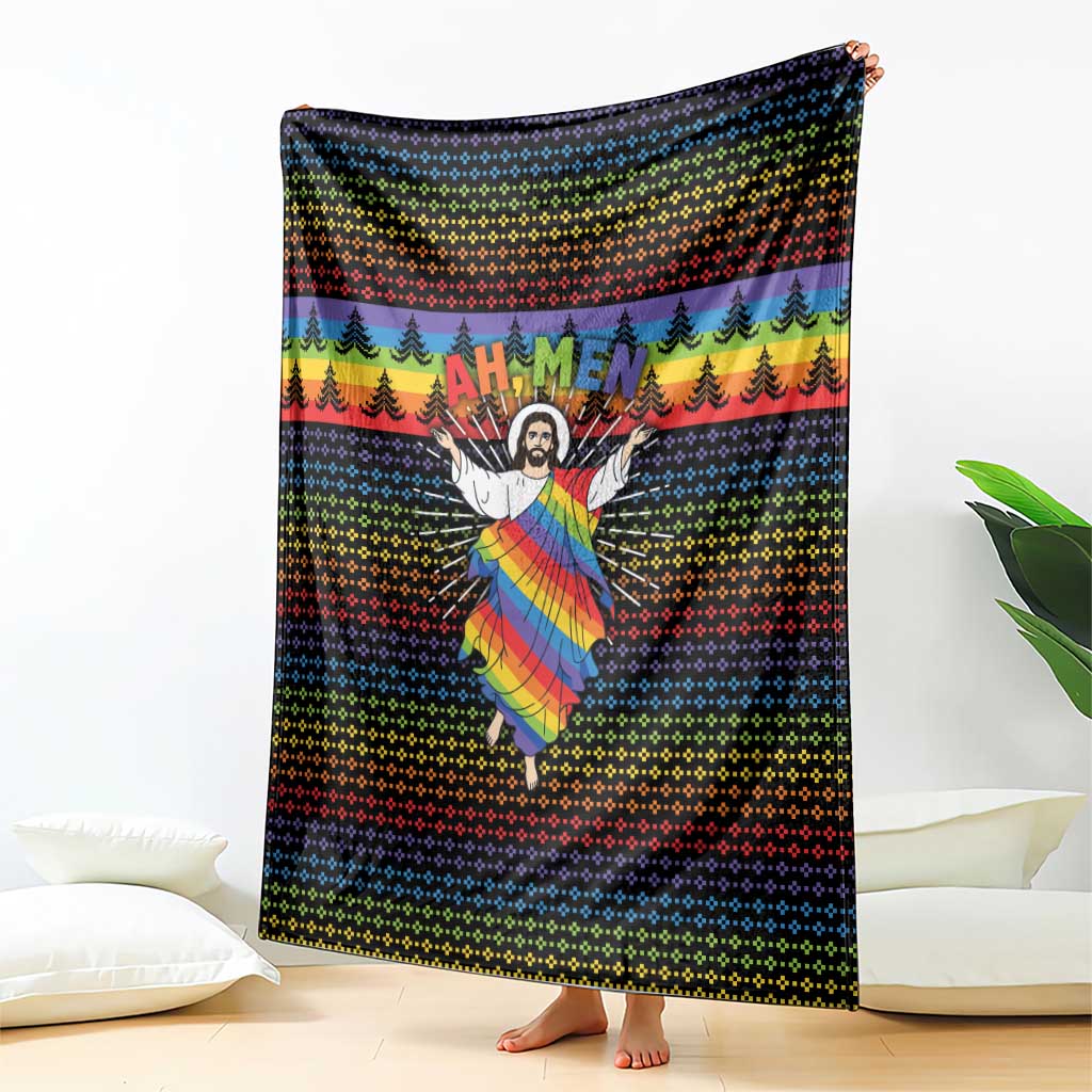 Rainbow Jesus Ah Men Christmas Blanket with Colorful Stripes and Holiday Pattern - Wonder Print Shop