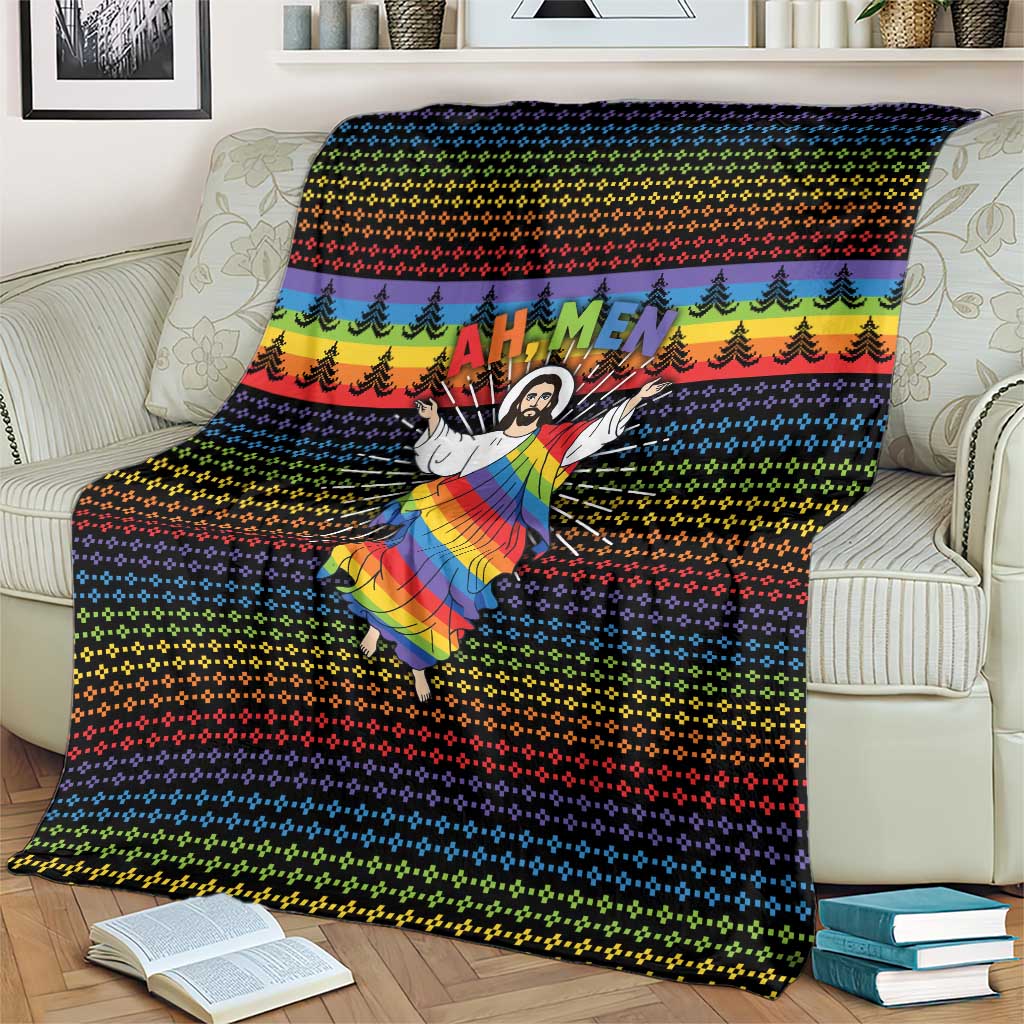 Rainbow Jesus Ah Men Christmas Blanket with Colorful Stripes and Holiday Pattern - Wonder Print Shop