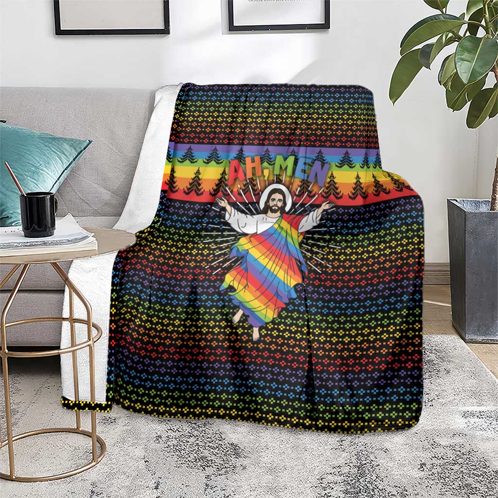 Rainbow Jesus Ah Men Christmas Blanket with Colorful Stripes and Holiday Pattern - Wonder Print Shop