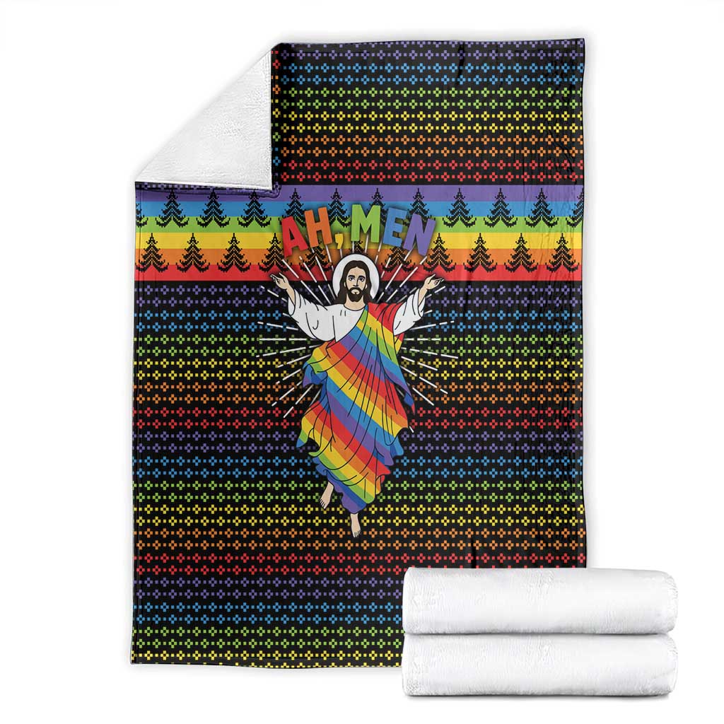 Rainbow Jesus Ah Men Christmas Blanket with Colorful Stripes and Holiday Pattern - Wonder Print Shop
