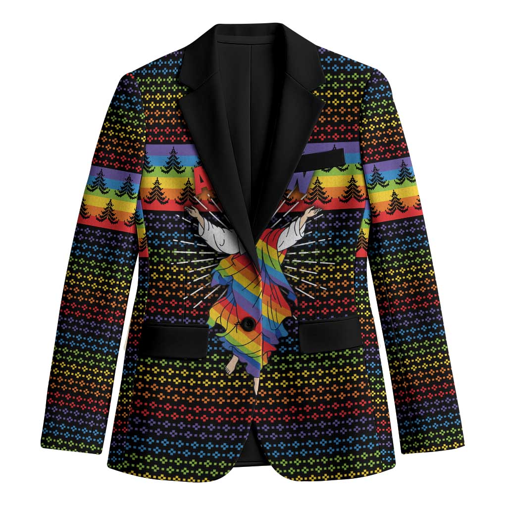 Rainbow Jesus Ah Men Christmas Blazer with Colorful Stripes and Holiday Pattern - Wonder Print Shop