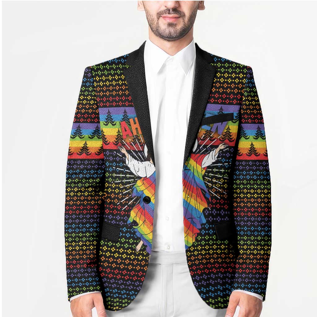 Rainbow Jesus Ah Men Christmas Blazer with Colorful Stripes and Holiday Pattern - Wonder Print Shop