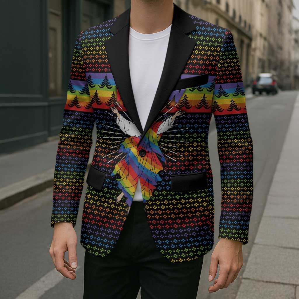 Rainbow Jesus Ah Men Christmas Blazer with Colorful Stripes and Holiday Pattern - Wonder Print Shop