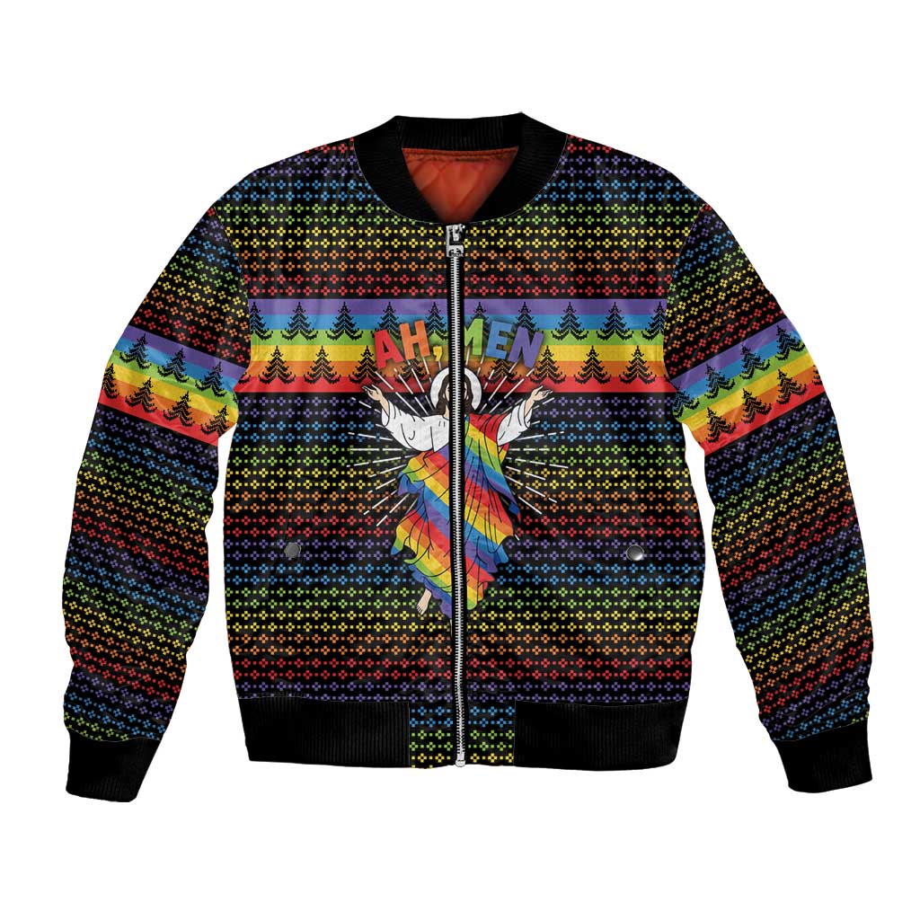 Rainbow Jesus Ah Men Christmas Bomber Jacket with Colorful Stripes and Holiday Pattern - Wonder Print Shop