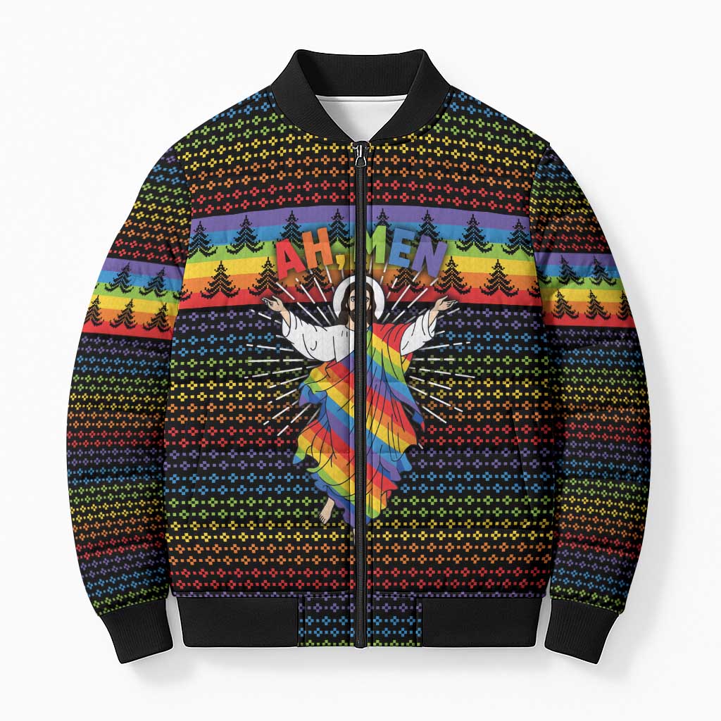 Rainbow Jesus Ah Men Christmas Bomber Puffer Jacket with Colorful Stripes and Holiday Pattern - Wonder Print Shop